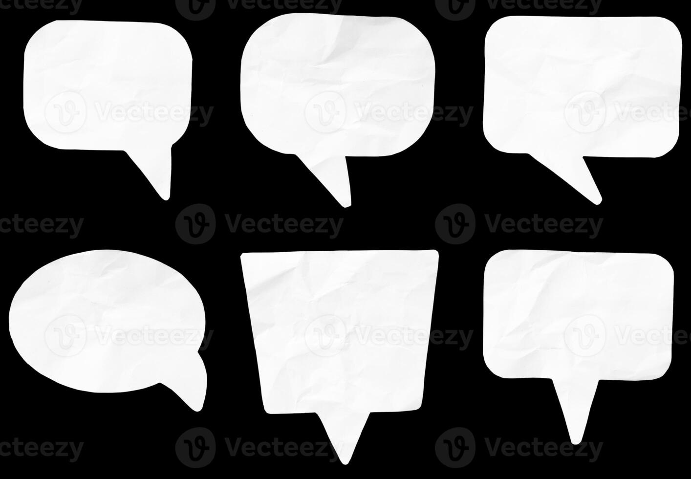 set of Wrinkled white paper speech bubble isolated on black background. Template mock up photo