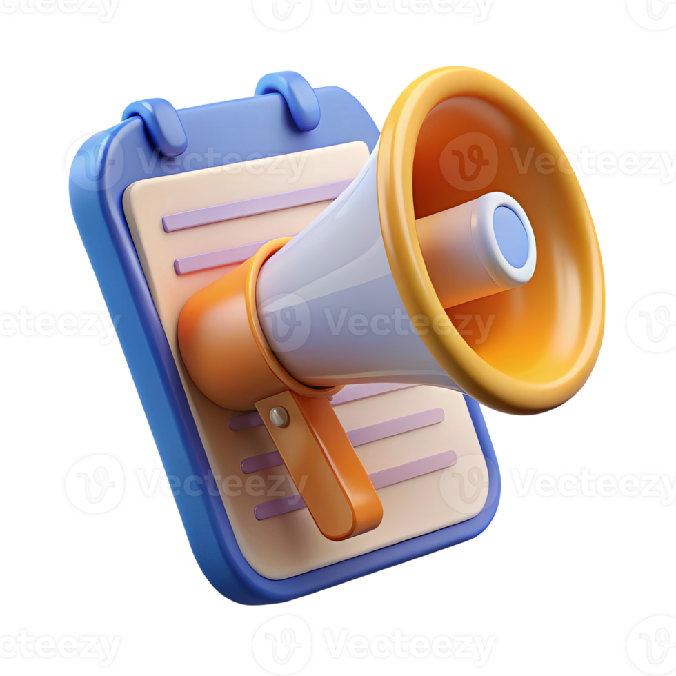 3d cartoon megaphone on notepad announcement isolated on transparent background png