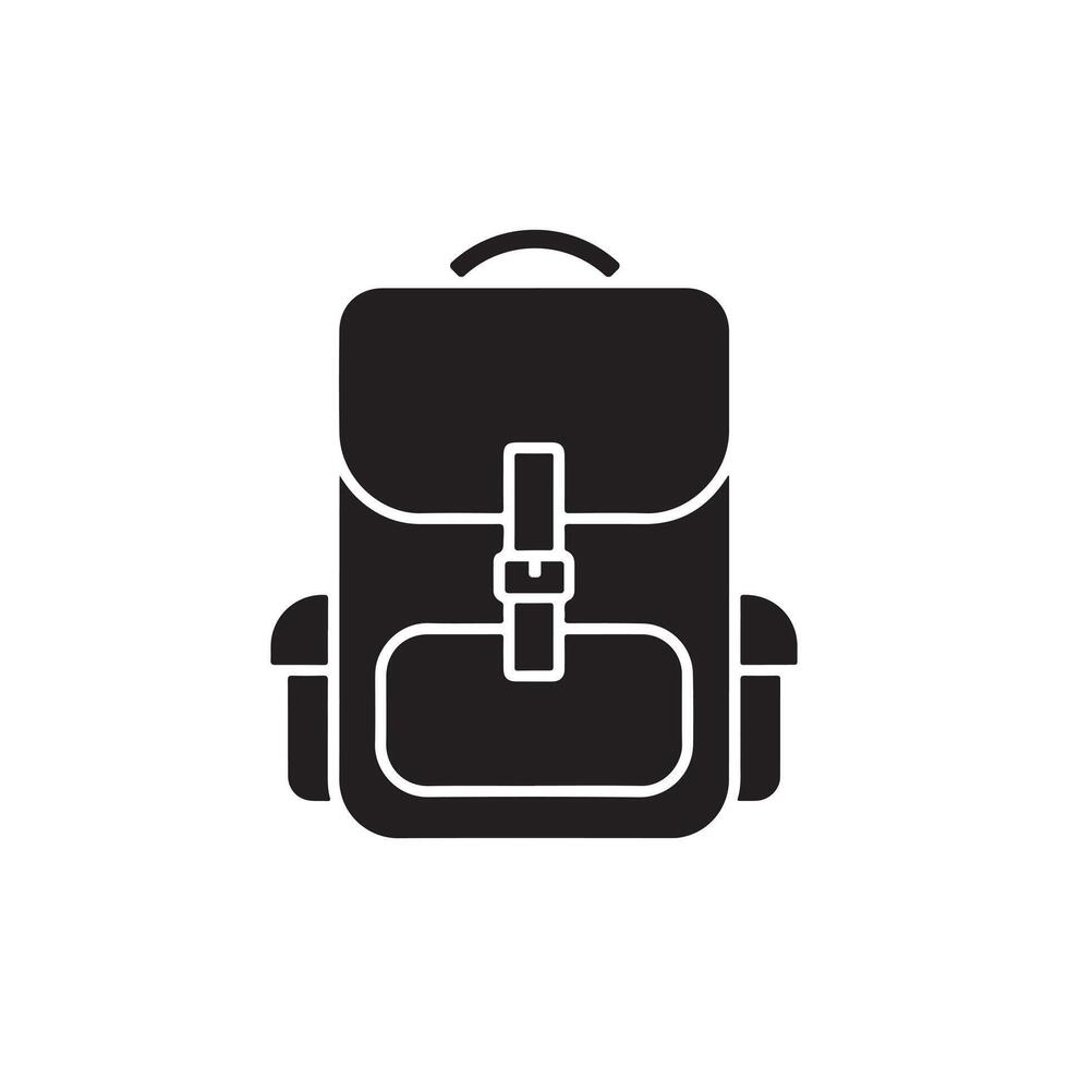 Black silhouette of camping backpack with flap, buckle, and side pockets, white background vector