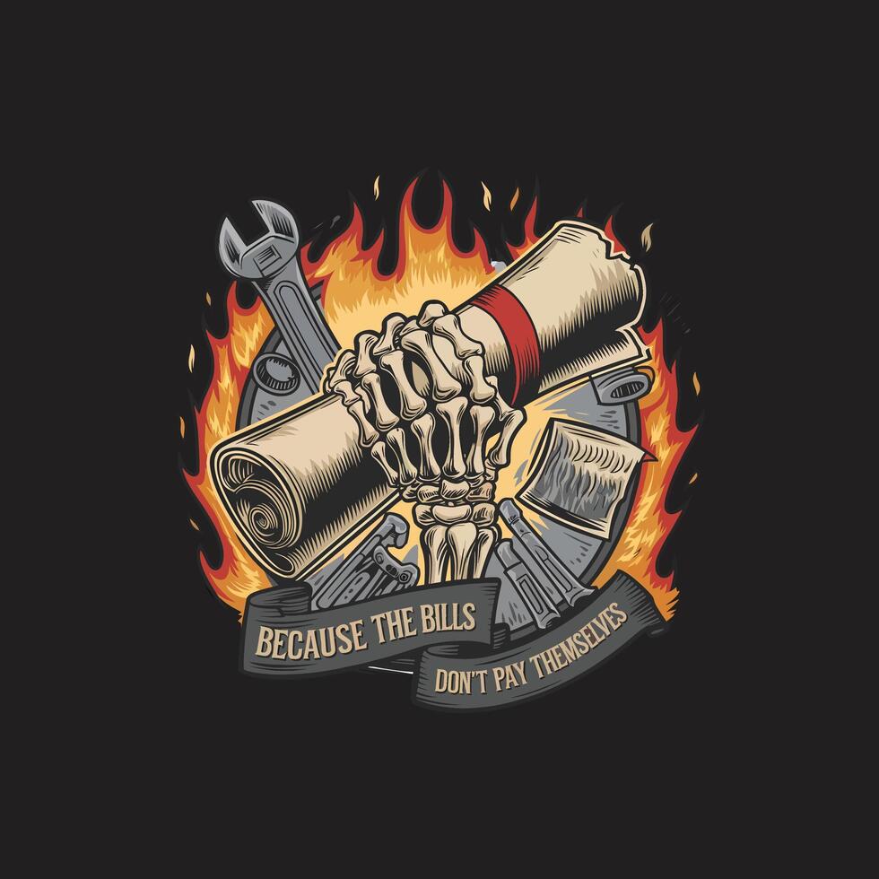 A skeleton holding a scroll with the words because the tools don't work vector