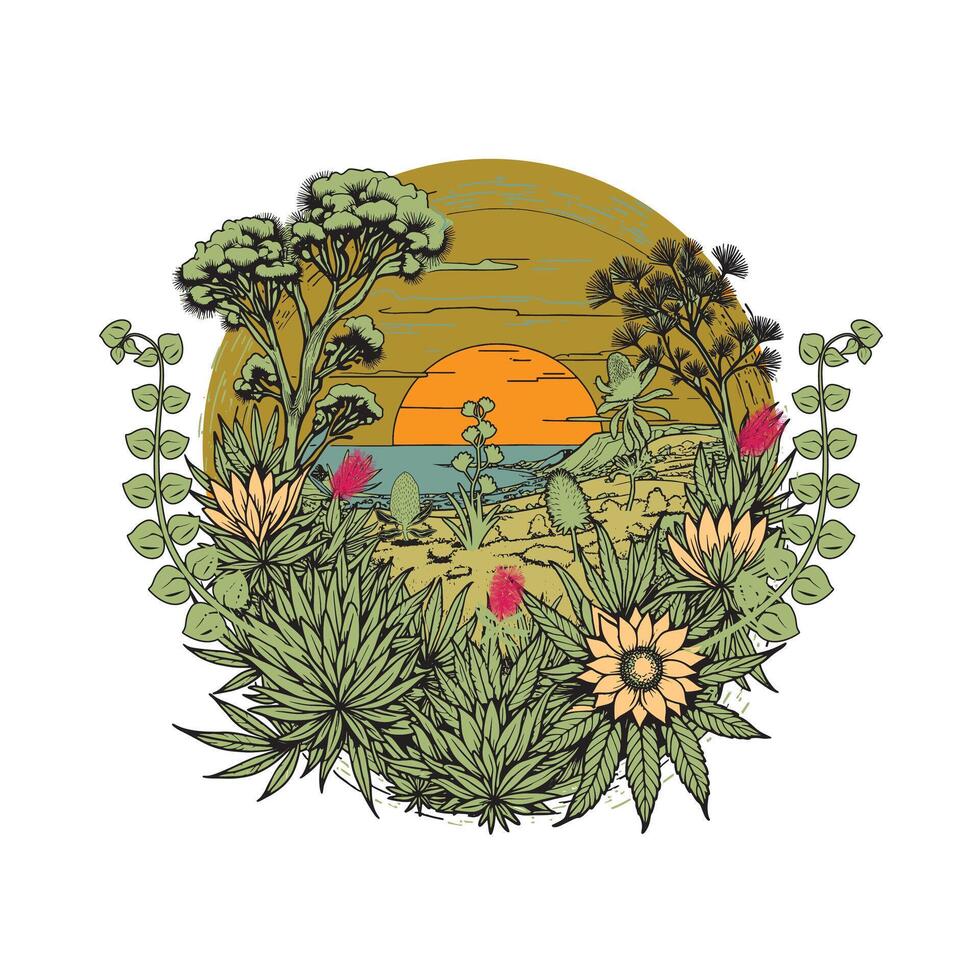 A sun setting over a field of plants and flowers vector