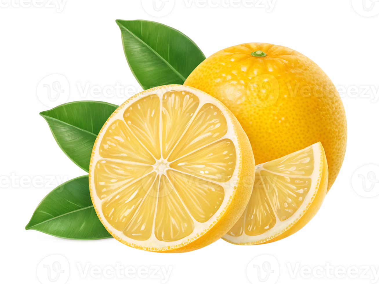 Fresh lemons with leaves on transparent background vibrant png