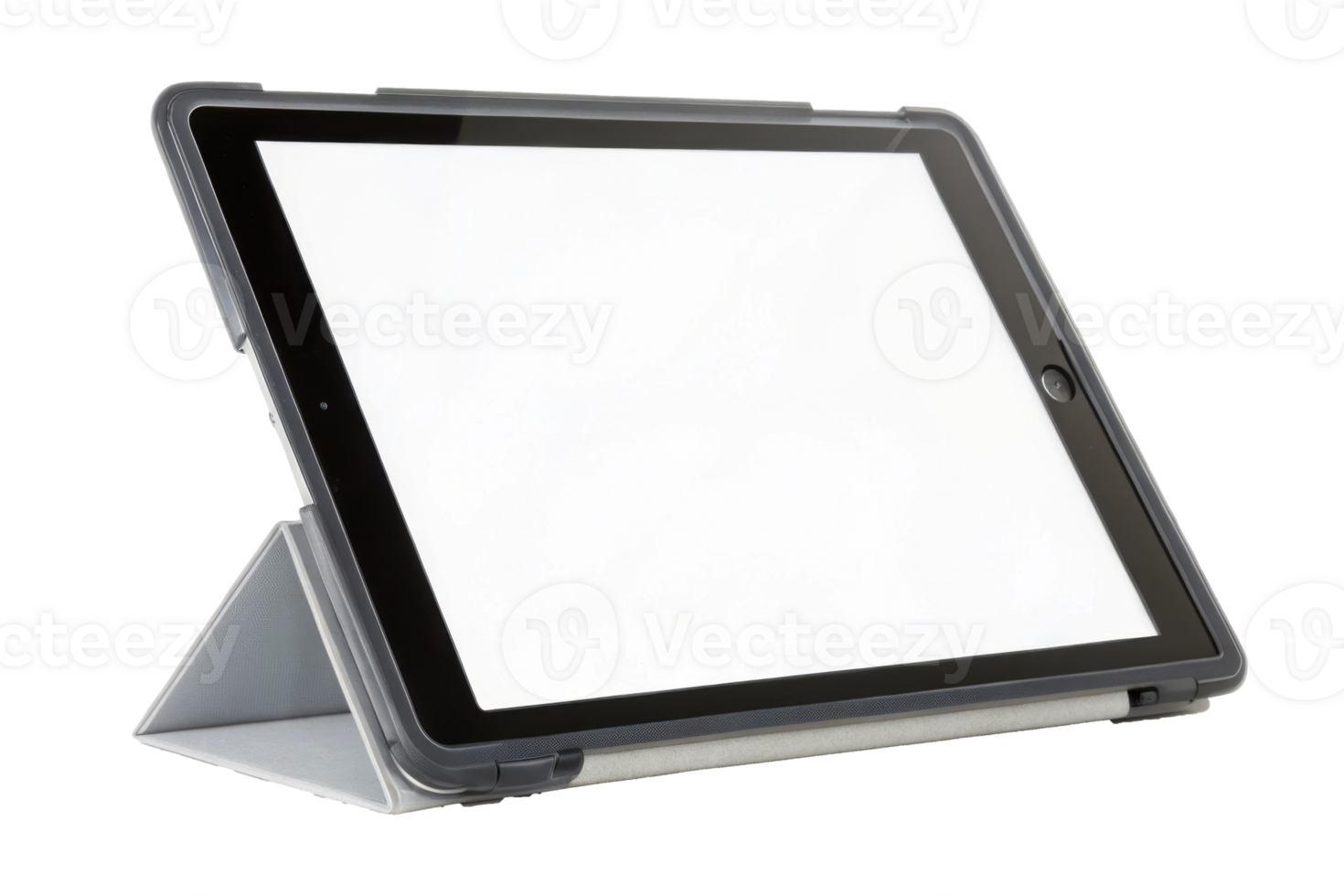 Gray protective case for tablet computer in stand position transparent png