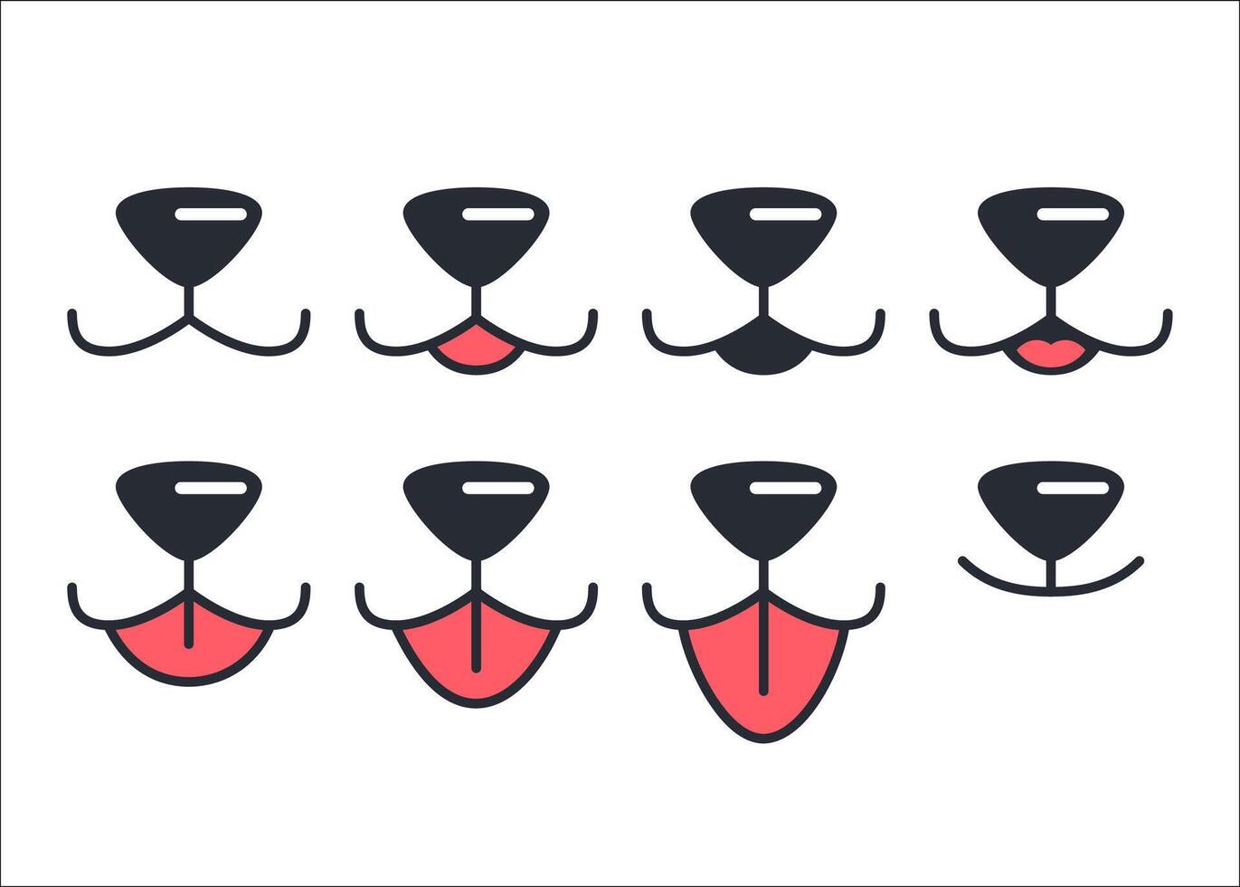 Dog Face Design Elements, Different Emotions. Dog Mouth, Tongue, Nose Isolated. Dog or Cat Face with Closed and Opened Mouth Icons Closeup Set, Collection for Vet Logo, Emblem, Pet Care, Canine vector