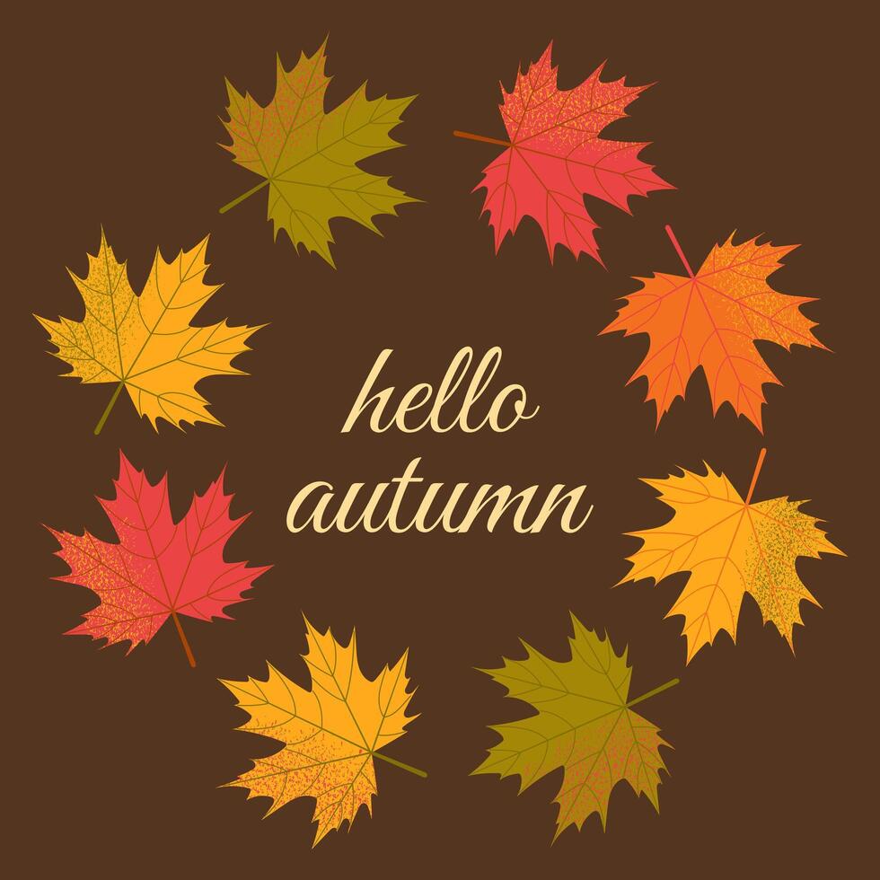 Hello autumn. Text with maple leaves arranged in a circle on a dark background. illustration. vector