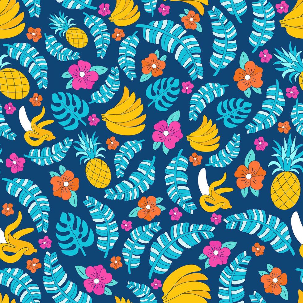 tropical fruits and flowers pattern vector