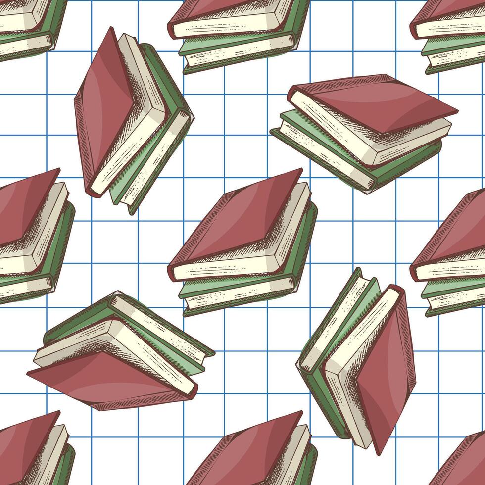 Hand drawn vintage seamless pattern of school books and textbooks on grid notebook background, illustration vector