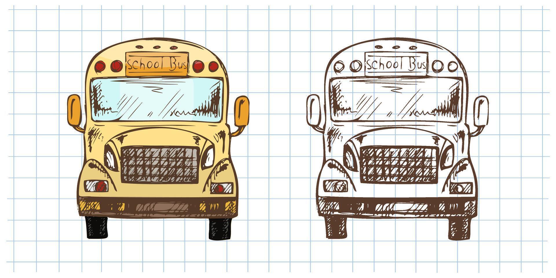 Hand drawn vintage sketch of yellow school bus with monochrome version on grid notebook background vector