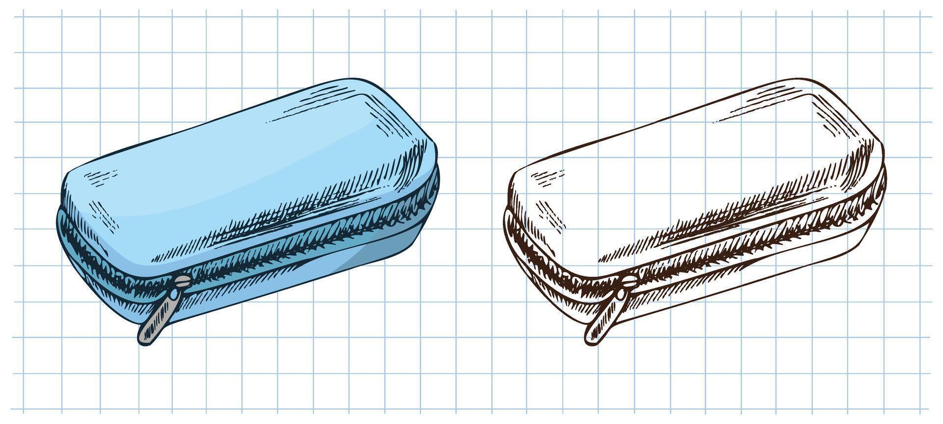 Hand-drawn vintage sketch of blue pencil case in color and monochrome version on grid notebook background, illustration vector