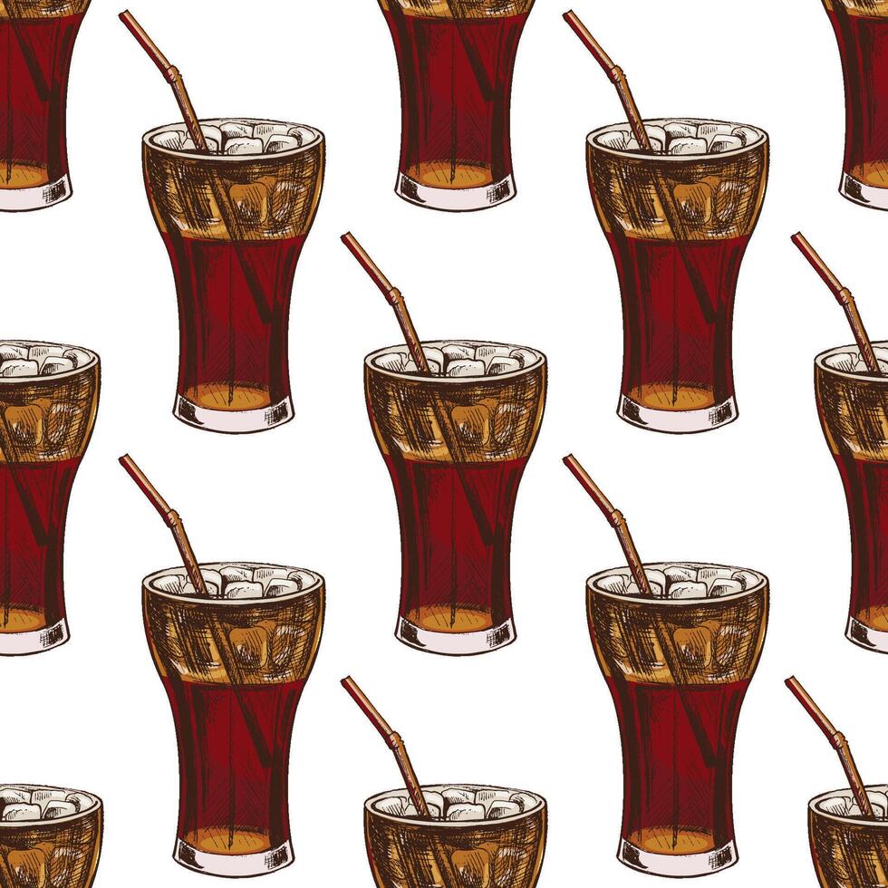 Hand drawn vintage seamless pattern of cold soda drink with ice and straw in glass, color illustration vector