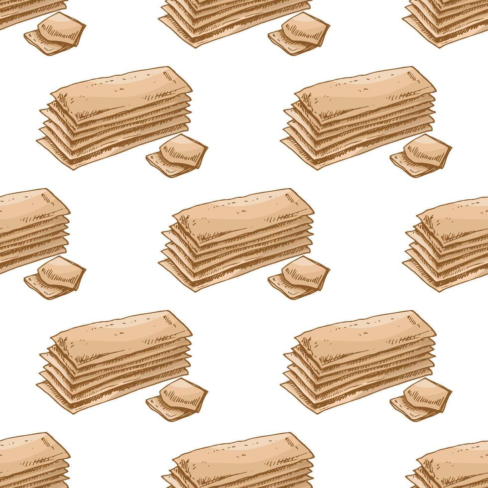 Hand-drawn vintage seamless pattern of crispbread stack in engraving style, isolated illustration vector