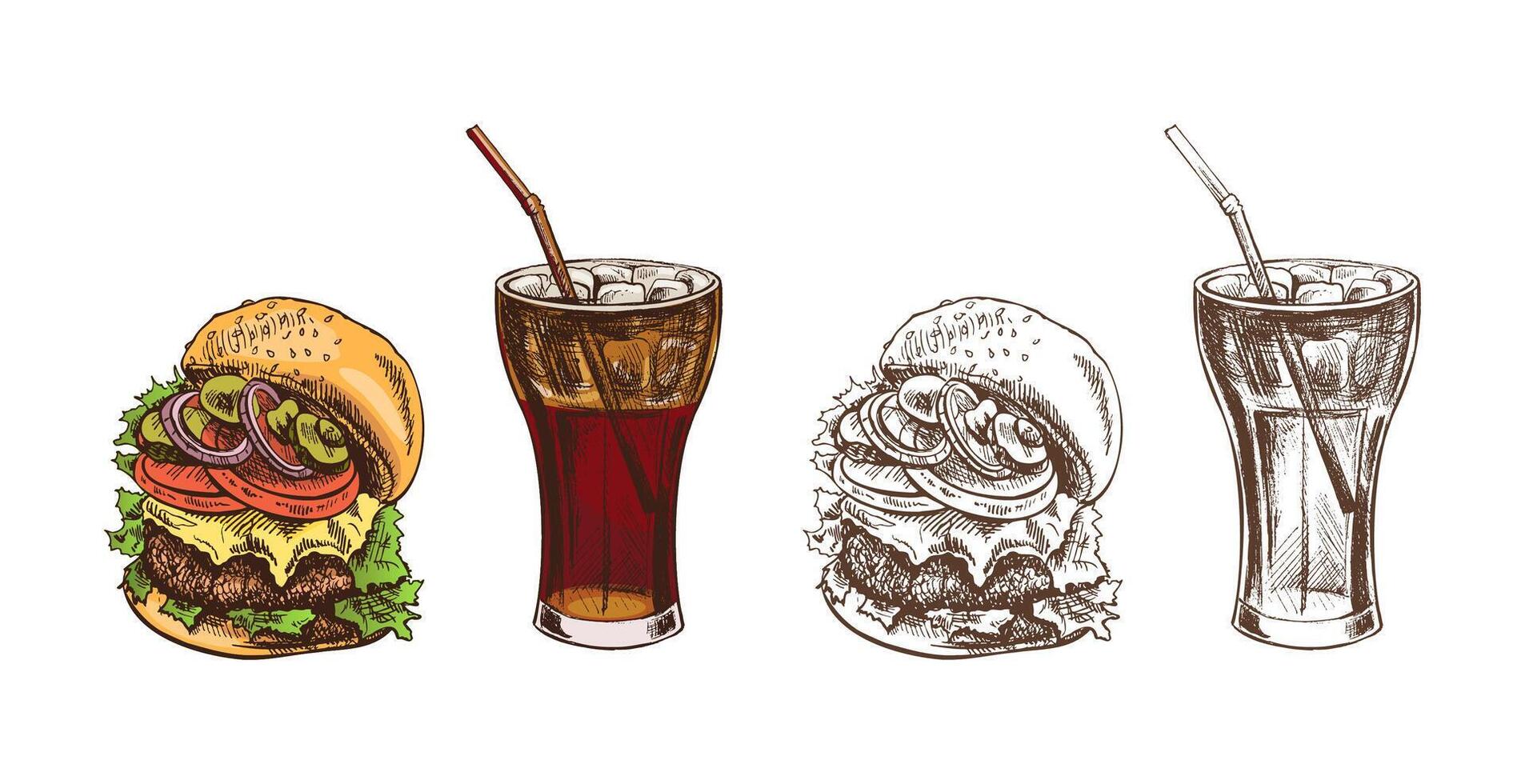 Hand drawn vintage sketch of cheeseburger with soda drink in color and monochrome version, isolated vector