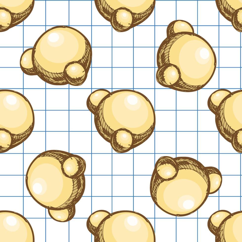 Hand drawn vintage seamless pattern of simple molecule model on grid notebook background in yellow pastel sketch style vector