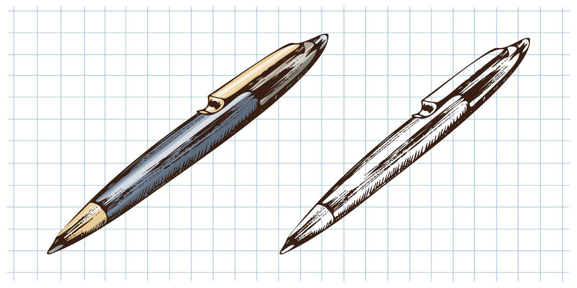 Hand drawn vintage sketch of ballpoint pen with gold clip in color and monochrome on grid notebook background vector