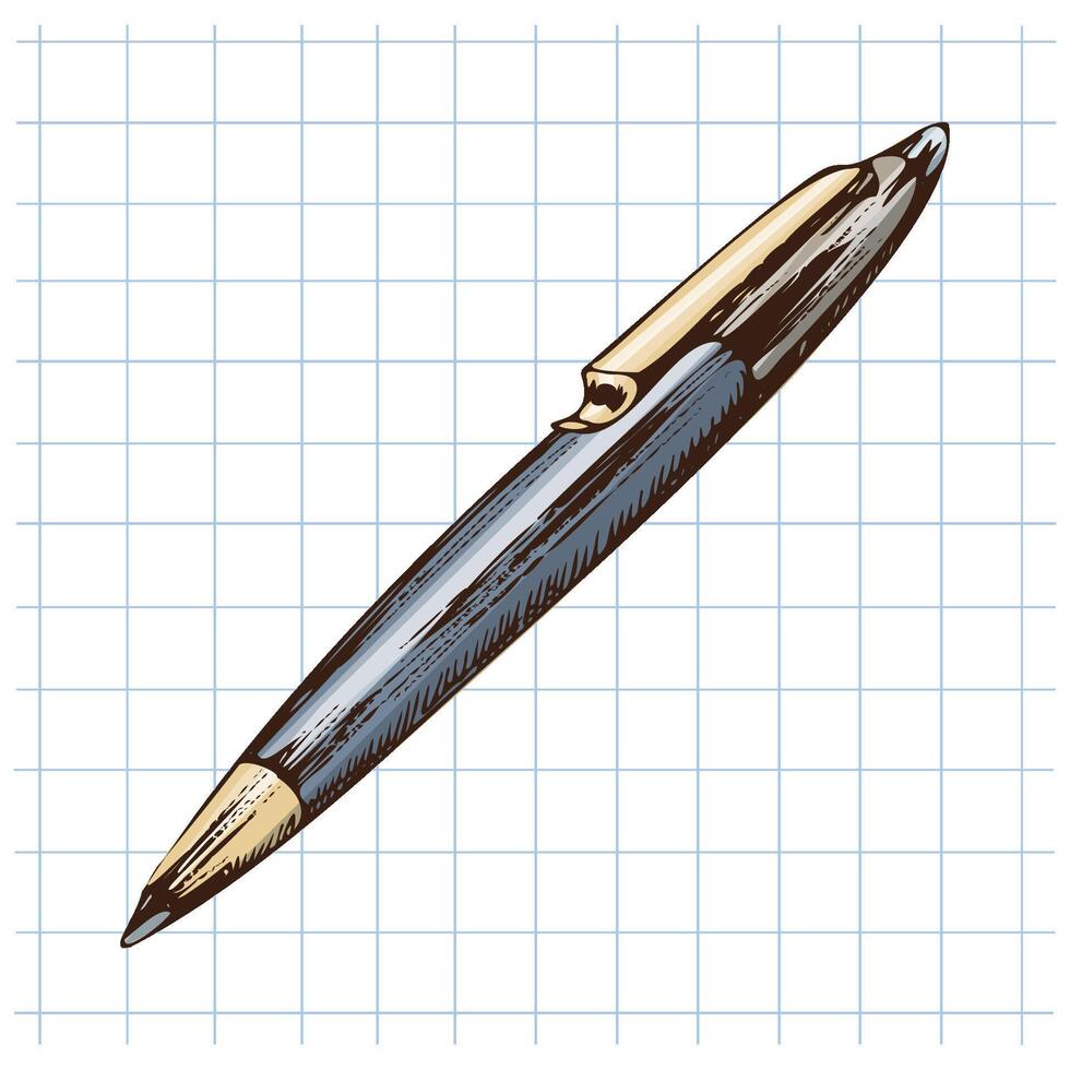 Hand drawn vintage sketch of ballpoint pen with gold clip on squared notebook background in pastel blue color vector