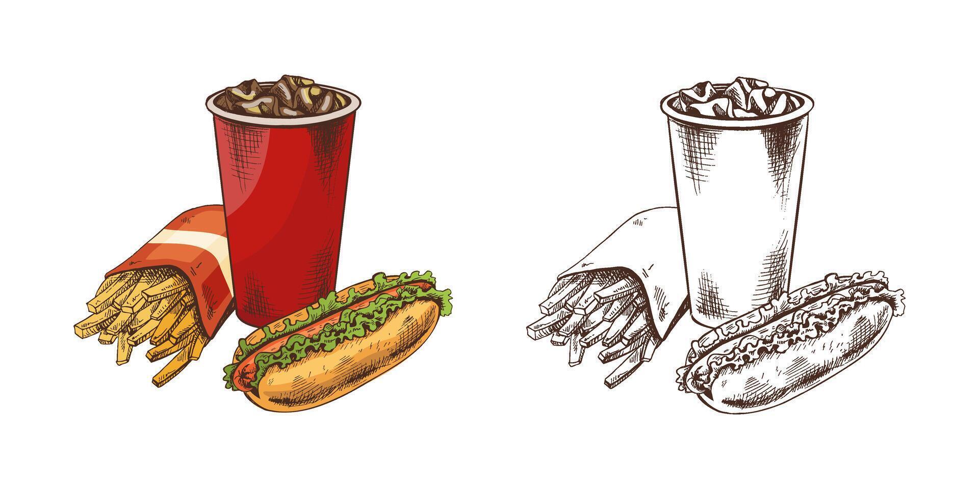 Hand drawn vintage sketch of hot dog, soda drink and french fries, fast food combo, color and monochrome vector