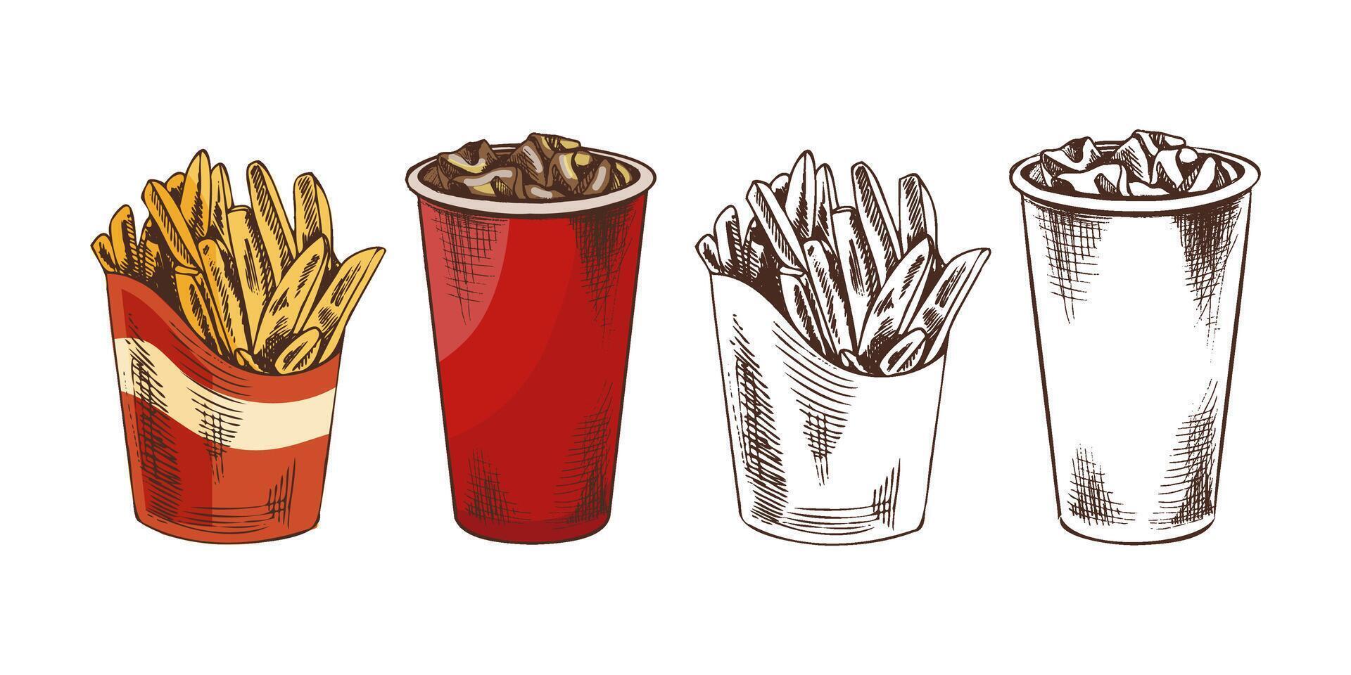 Hand drawn fast food set with french fries and cold drink in red paper cup, vintage illustration vector