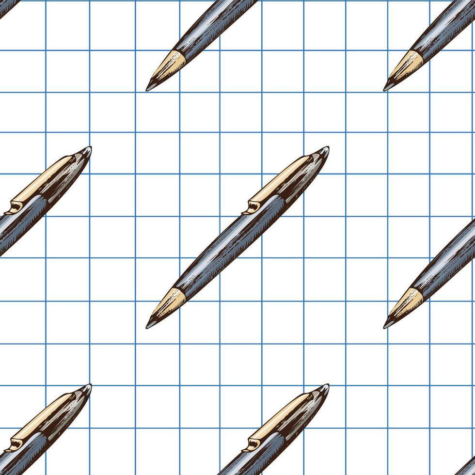 Hand drawn vintage seamless pattern of ballpoint pens in blue color on grid notebook background, illustration vector