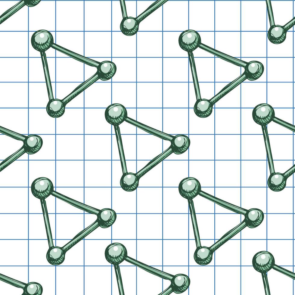 Hand-drawn vintage seamless pattern of molecule structure on grid notebook background in green pastel sketch style vector
