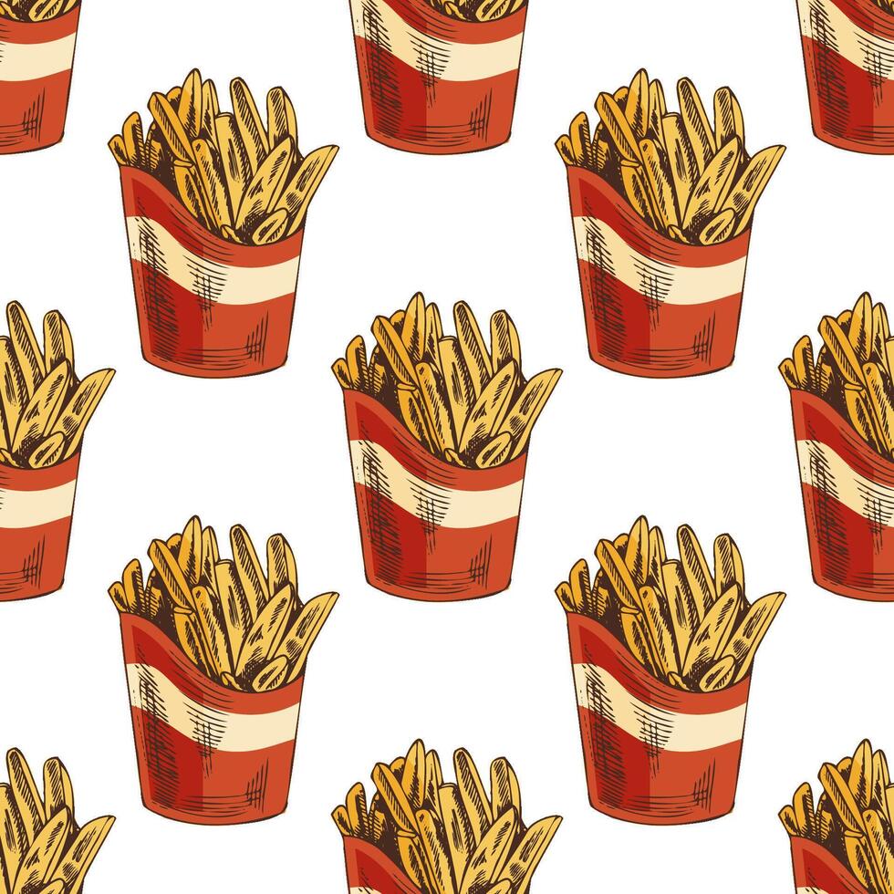 Hand drawn vintage seamless pattern of french fries in red paper box, fast food background vector