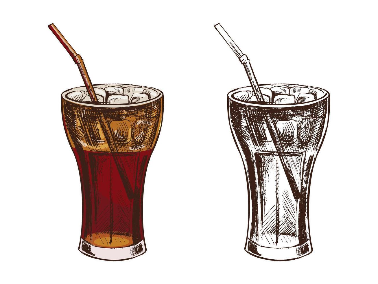 Hand drawn vintage sketch of cold soda drink in glass with straw, in color and monochrome version vector