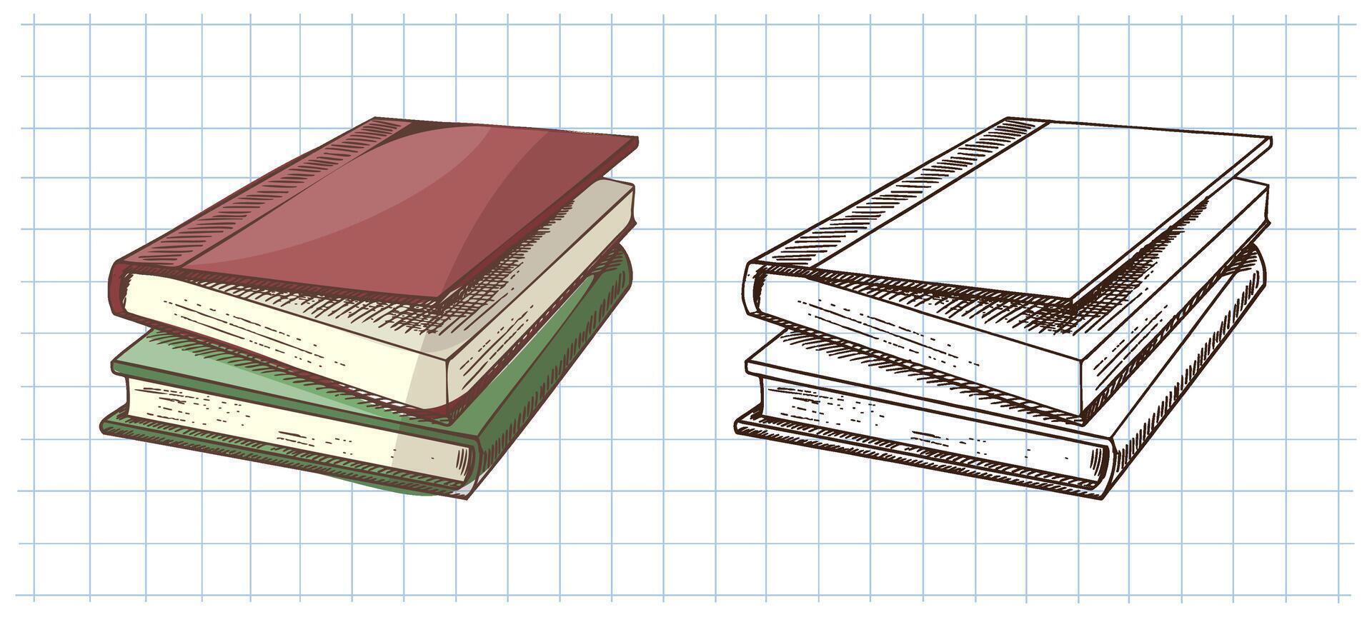 Hand drawn vintage sketch of school books stack in color and monochrome on grid notebook background, set vector
