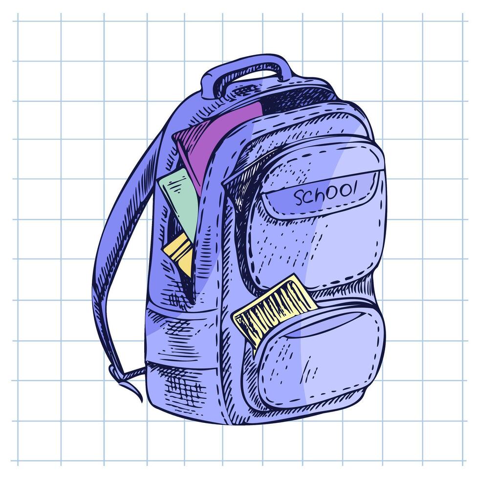 Hand-drawn colored school Illustration. Detailed retro style and flat style backpack sketch. Back to School. vector