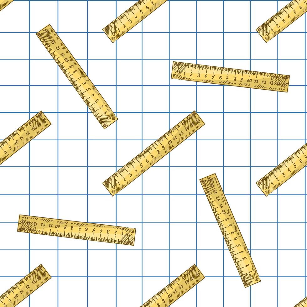 Hand drawn vintage seamless pattern of yellow school rulers on grid notebook background, stationery illustration vector