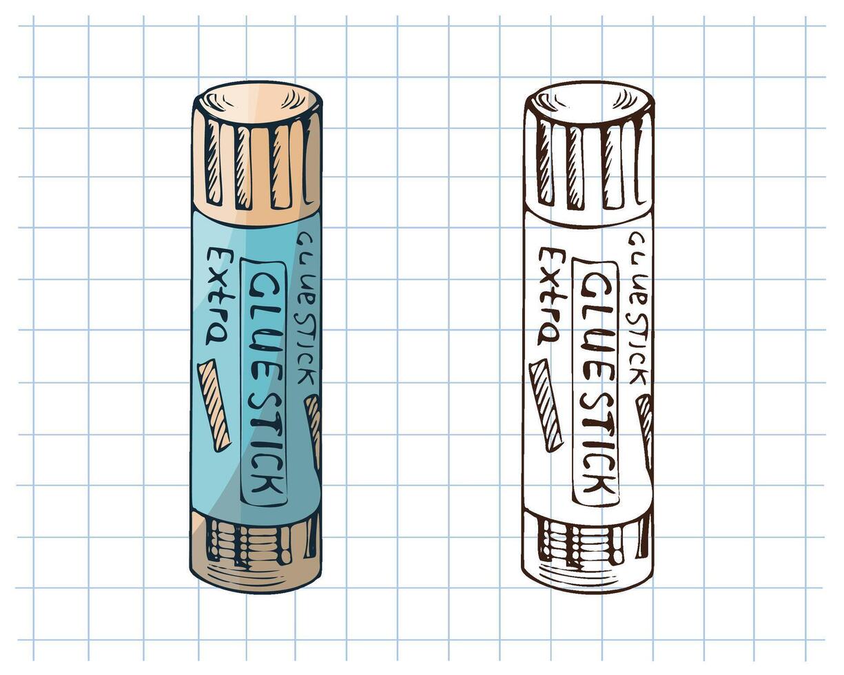 Hand drawn vintage sketch of glue stick in blue and monochrome version on grid notebook background, illustration vector