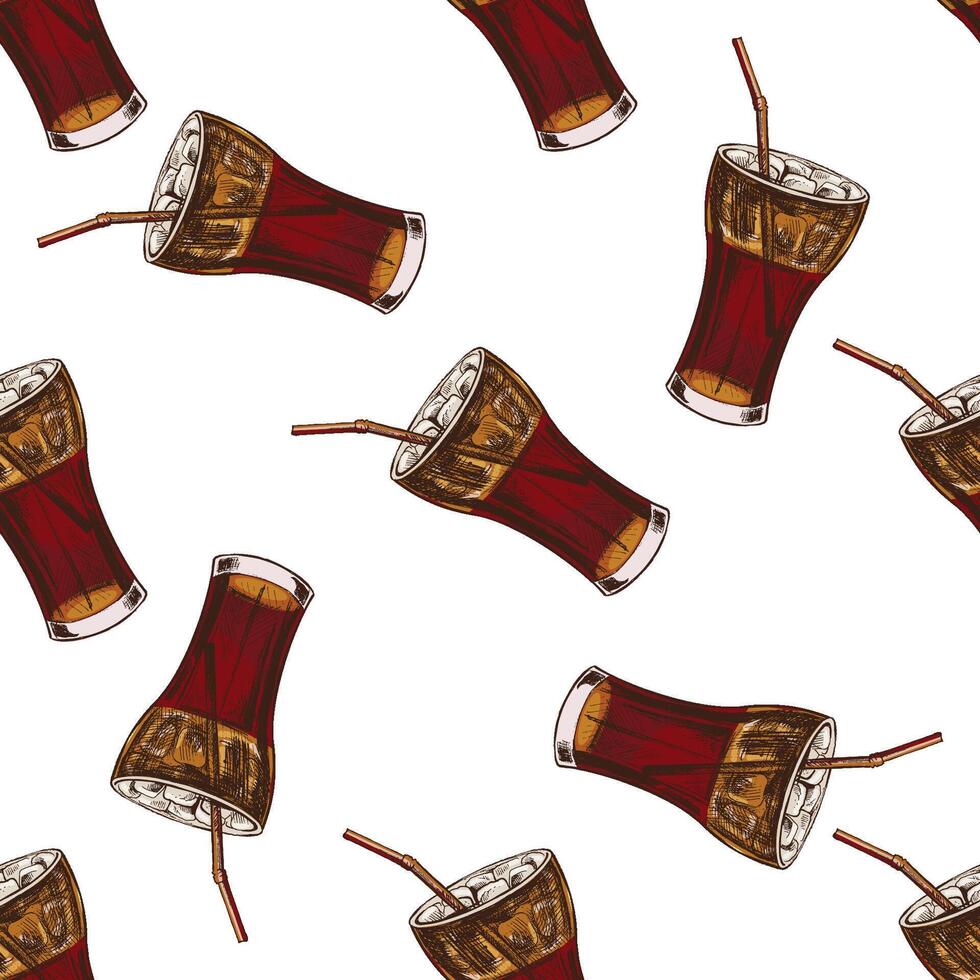 Hand drawn vintage seamless pattern of cold soda drink with ice and straw in glass, color vector