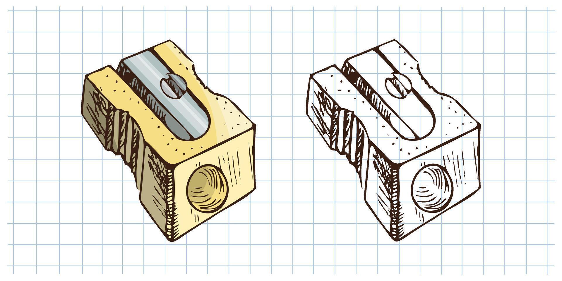 Hand drawn vintage sketch of pencil sharpener in color and monochrome on grid notebook background vector