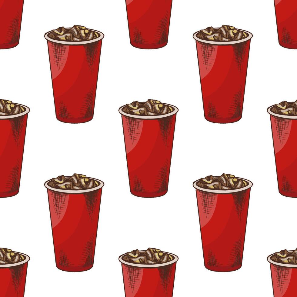 Hand drawn vintage seamless pattern of soda drink in red paper cup with ice vector