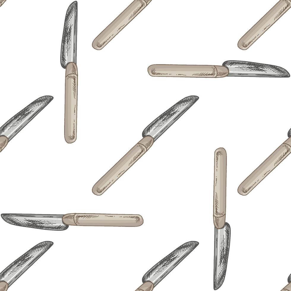 Hand drawn vintage seamless pattern of butter knives with beige handle and metal blade on white background vector