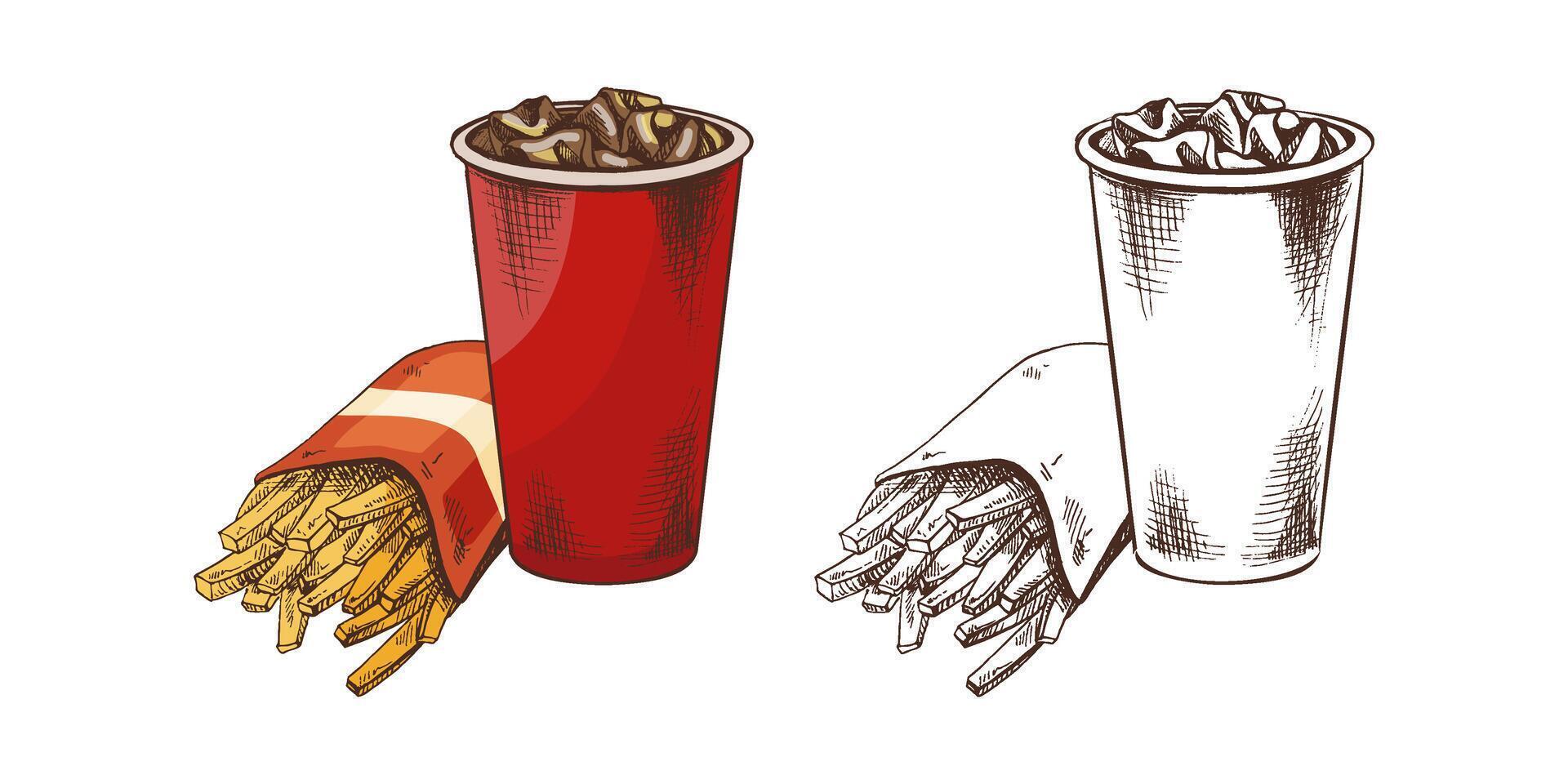Hand drawn vintage sketch of soda drink and french fries combo, colored and monochrome fast food illustration vector