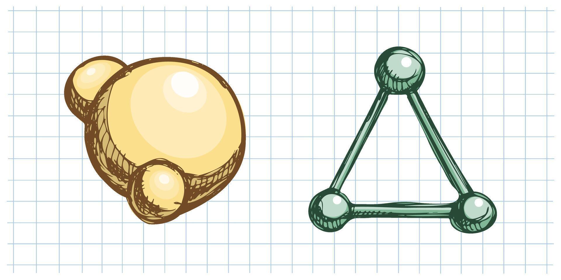 Hand drawn vintage sketch of molecular model and atom structure in color on grid notebook background vector