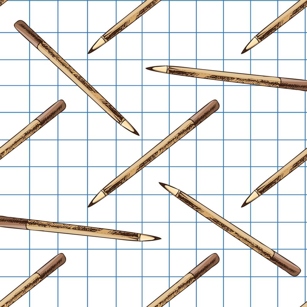 Hand drawn vintage seamless pattern of brown ballpoint pen on grid notebook background, school illustration vector