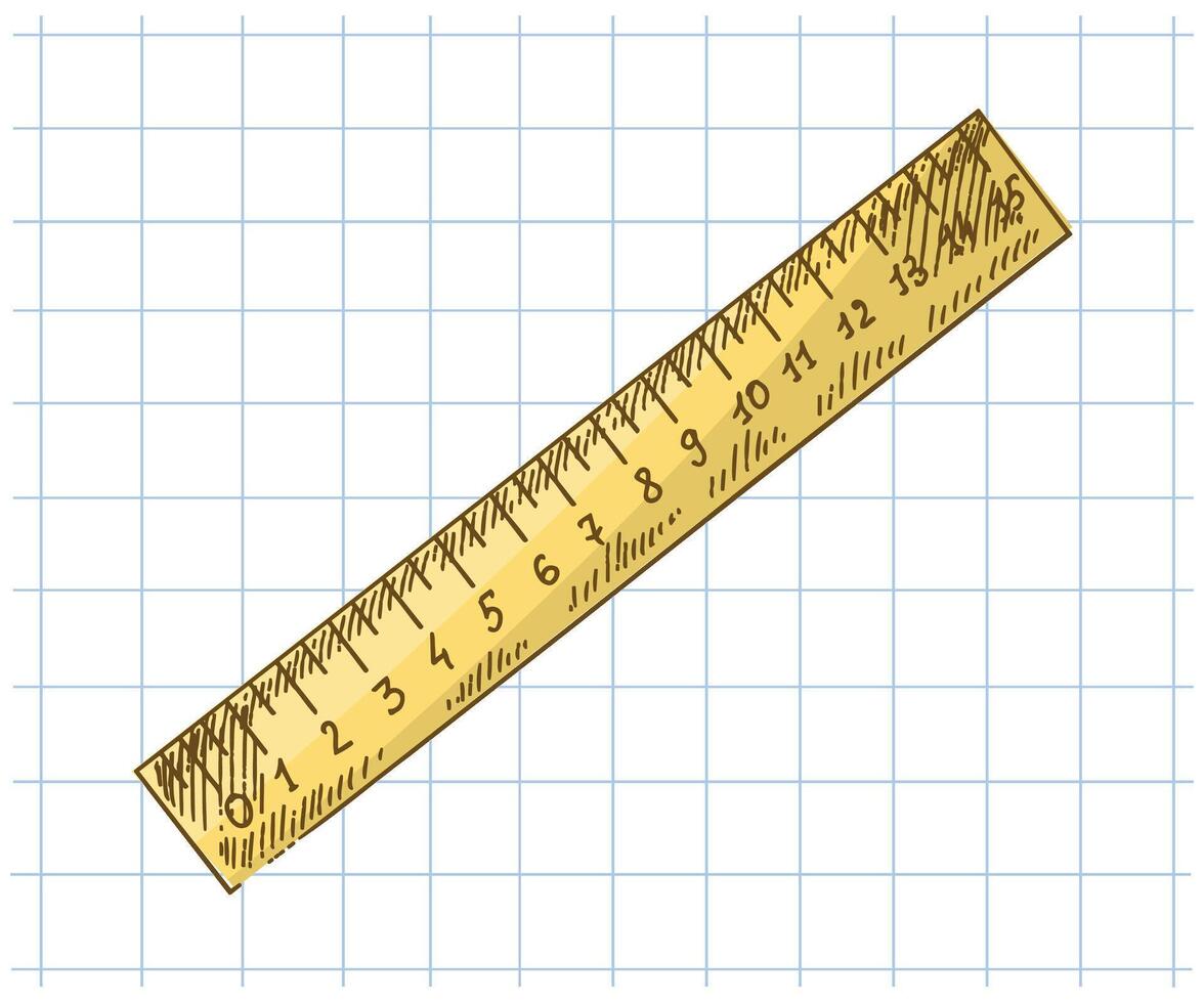 Hand drawn vintage sketch of yellow school ruler in color on grid notebook background, isolated illustration vector