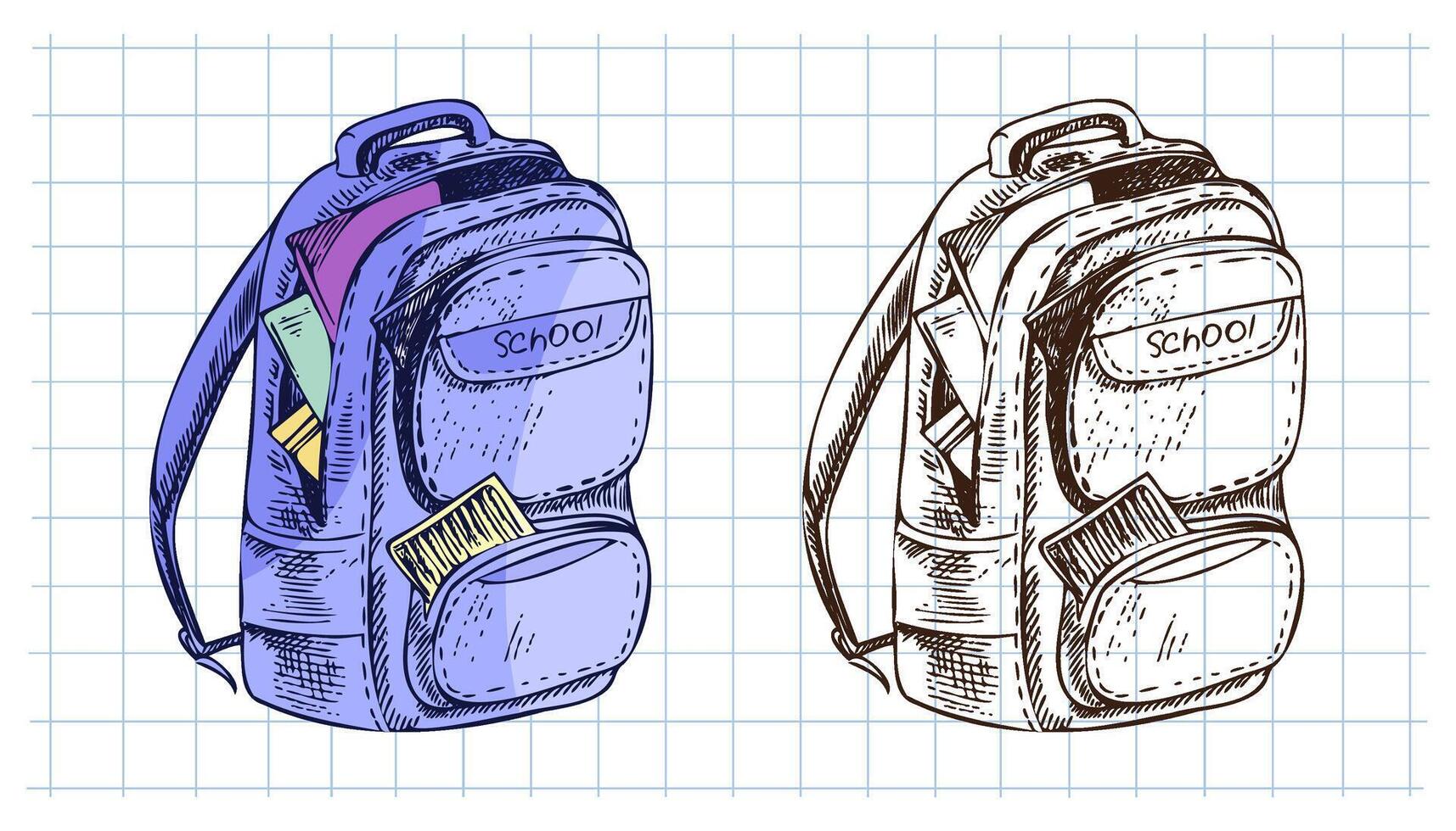 Hand drawn vintage sketch of school backpack in color and monochrome on grid notebook background, set vector