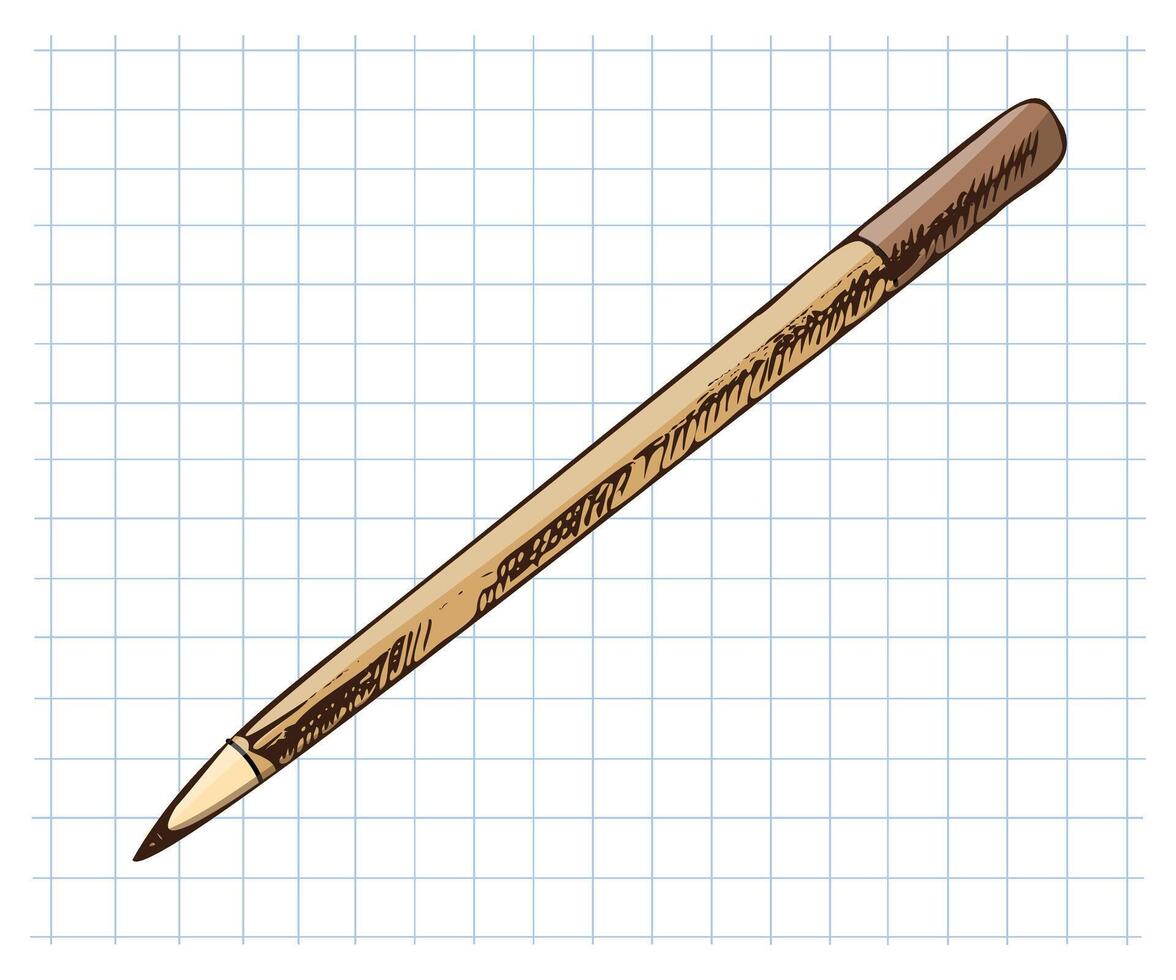 Hand drawn vintage sketch of school ballpoint pen in brown color on grid notebook background, isolated illustration vector