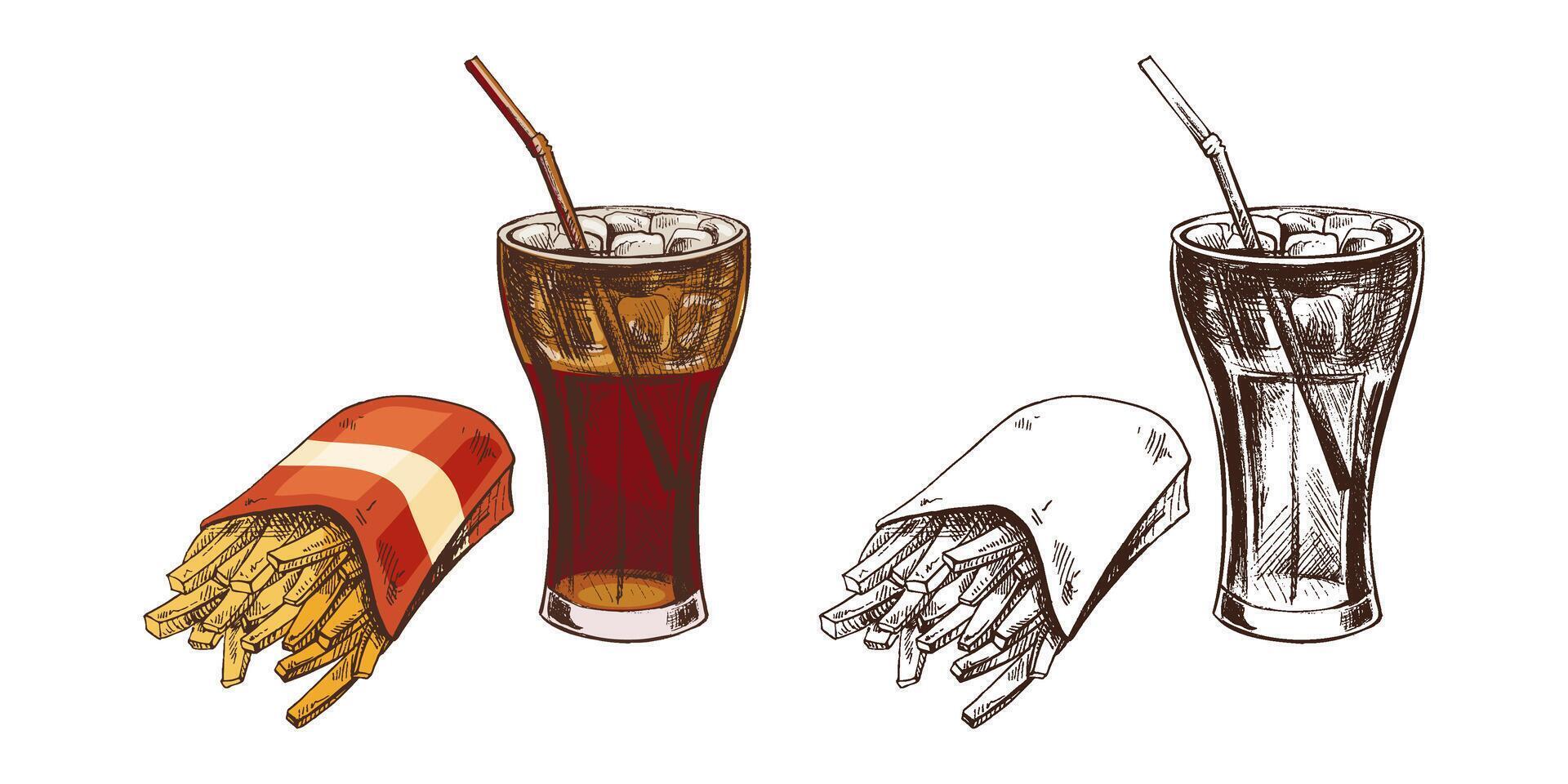Hand drawn vintage sketch of soda drink in glass and french fries in paper pack, color illustration vector