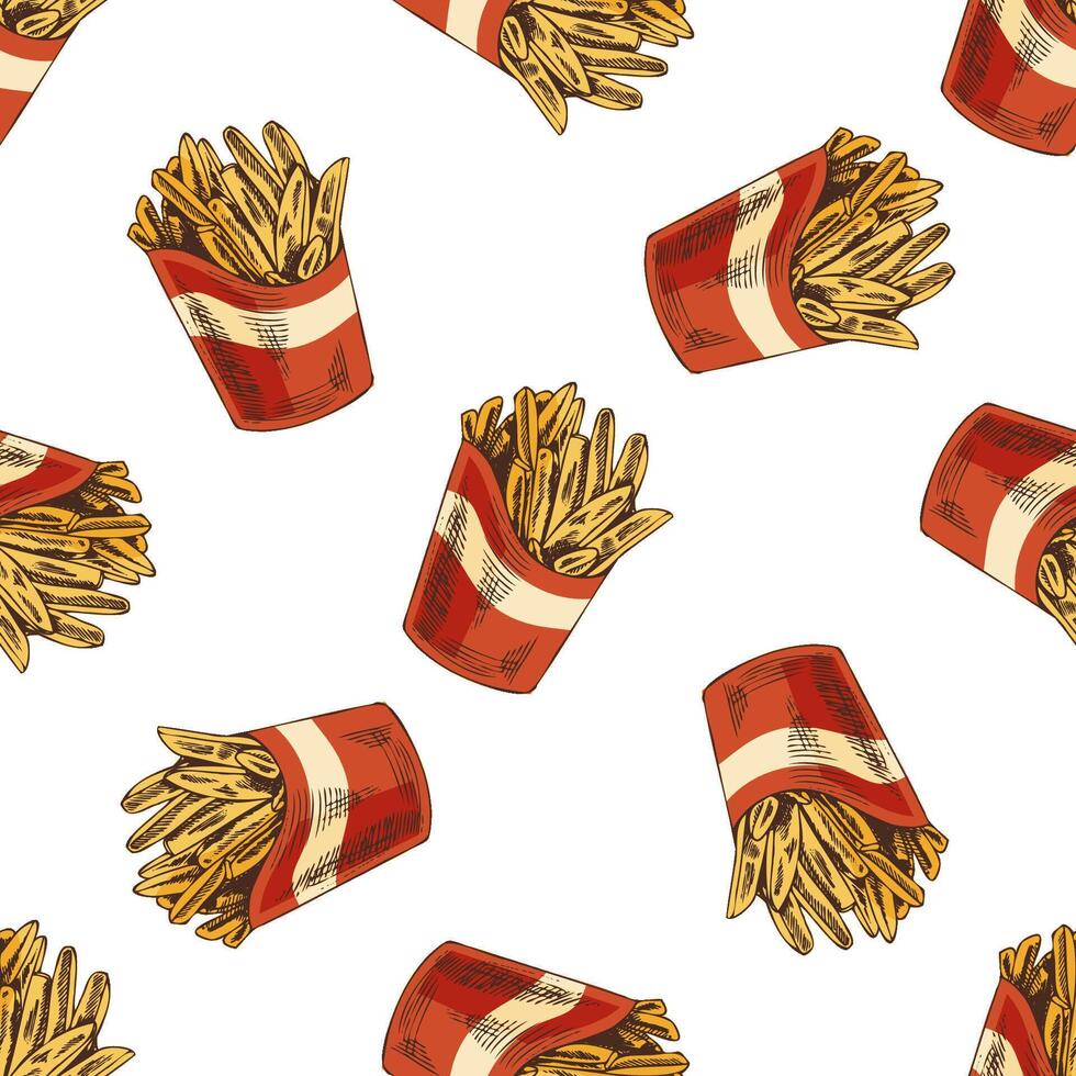 Hand drawn vintage seamless pattern of french fries in red paper box vector