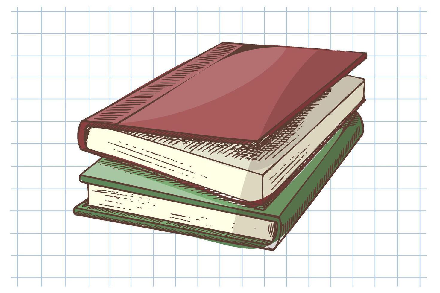 Hand drawn vintage sketch of stacked school books in color on grid notebook background, isolated illustration vector