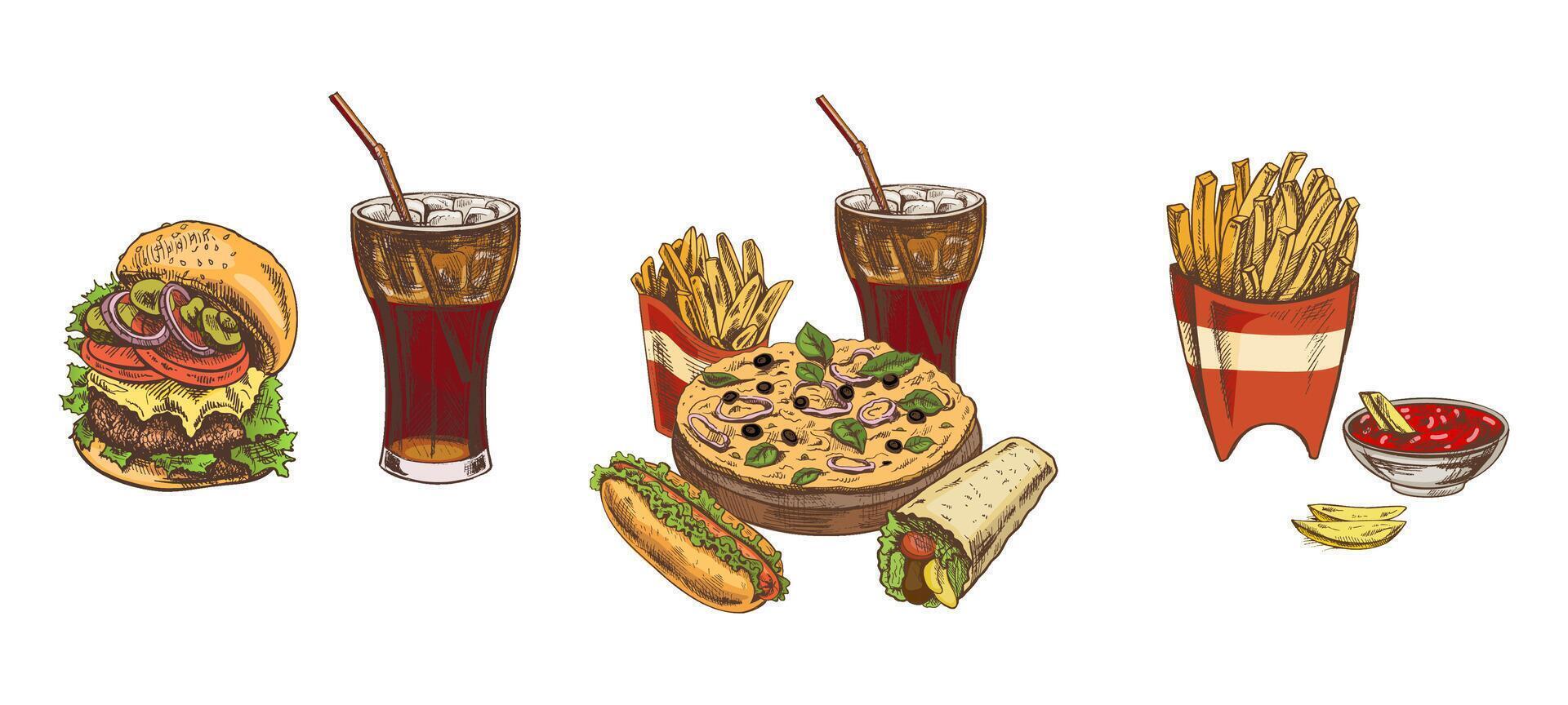 Fast food items including burgers and pizza vector