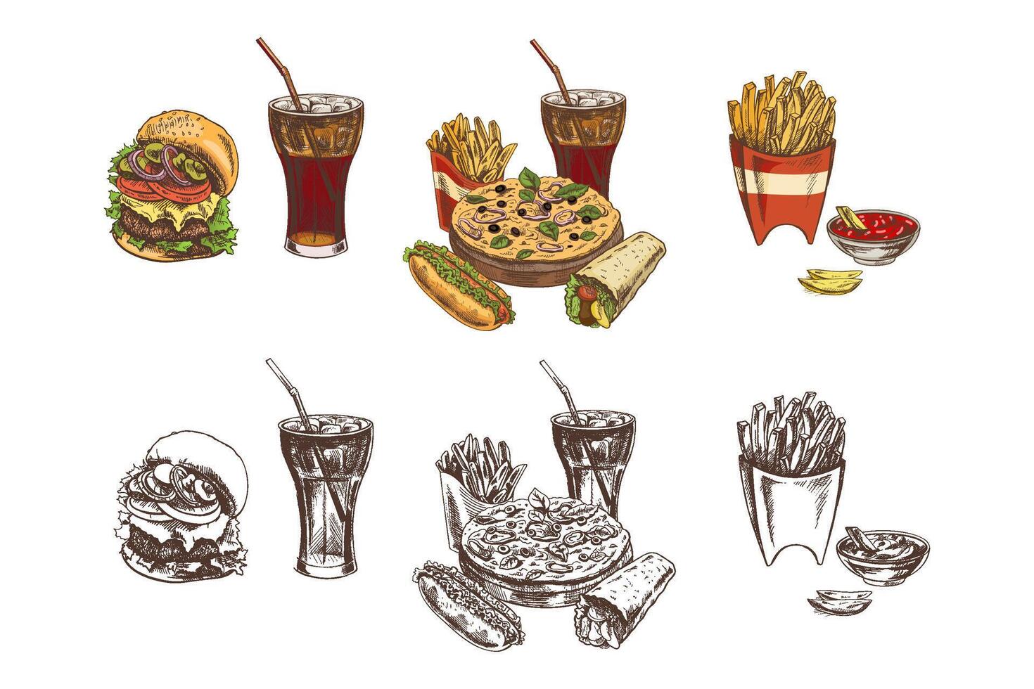 Fast food illustrations with burgers and drinks vector