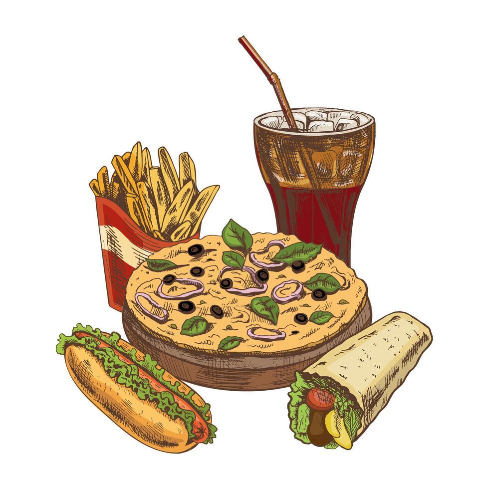 Hand drawn vintage sketch of fast food combo with pizza, french fries, soda drink, hot dog and wrap, isolated vector