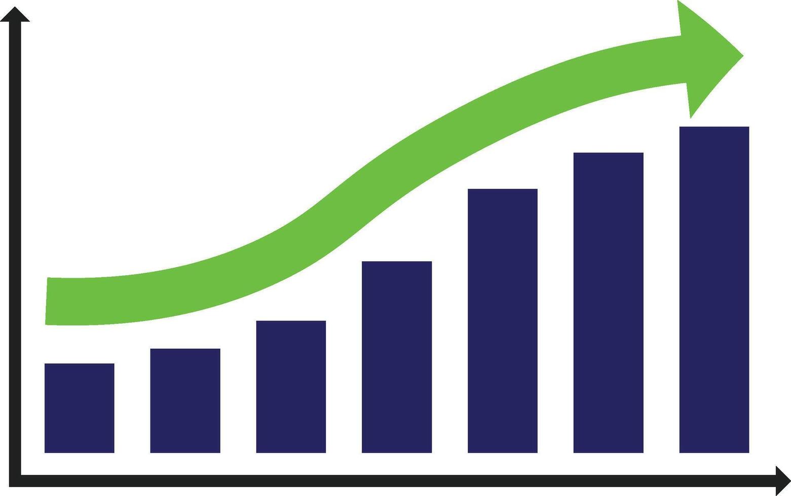 Illustration of a bar chart in blue accompanied by an ascending green arrow indicating steady growth and progress. Represents statistical data, productivity, or business advancements. vector