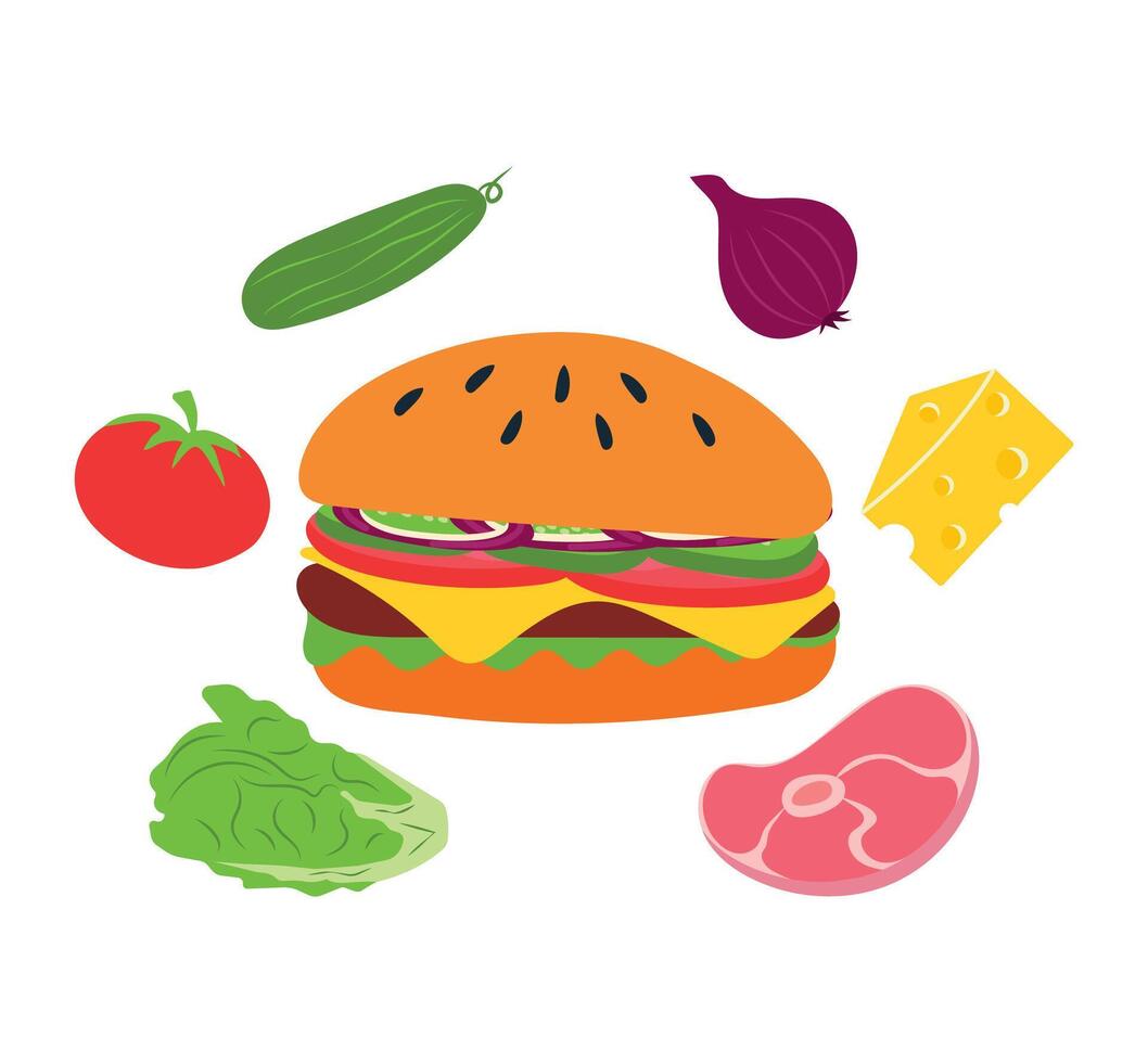 Cheeseburger or burger surrounded by ingredients for cooking. vector