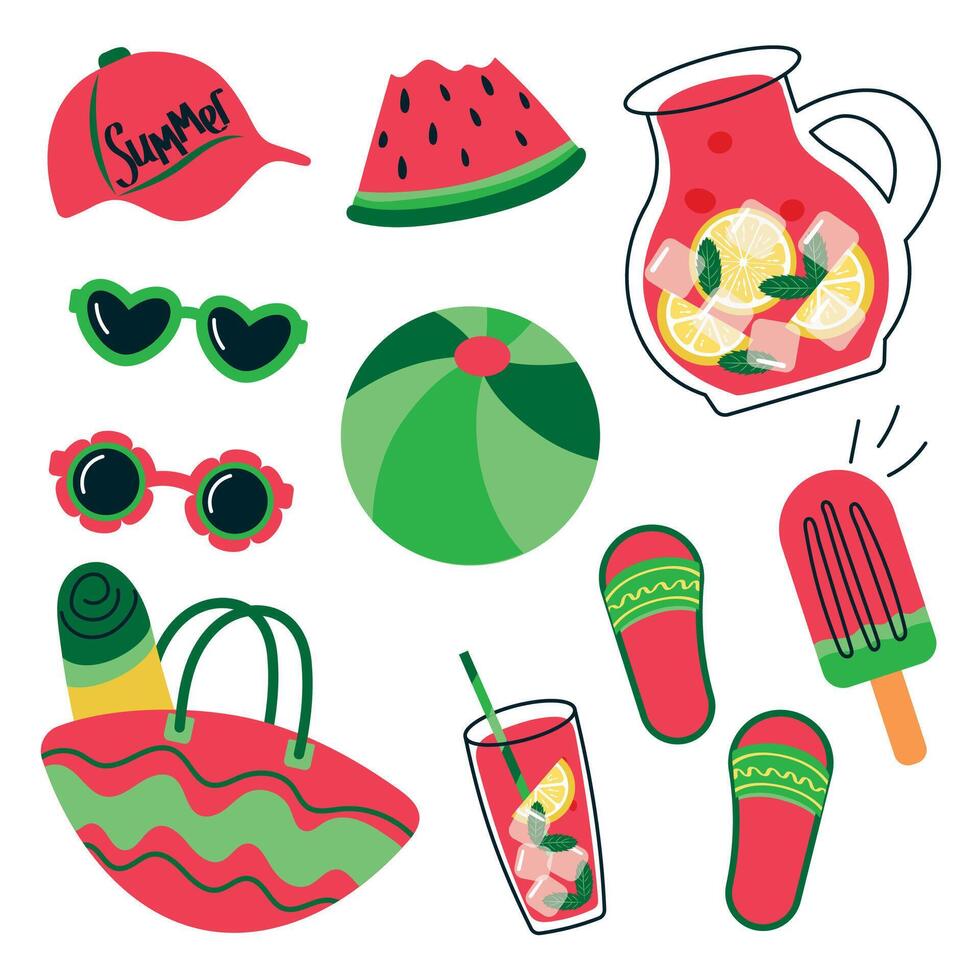 Colorful summer-themed icons and accessories vector