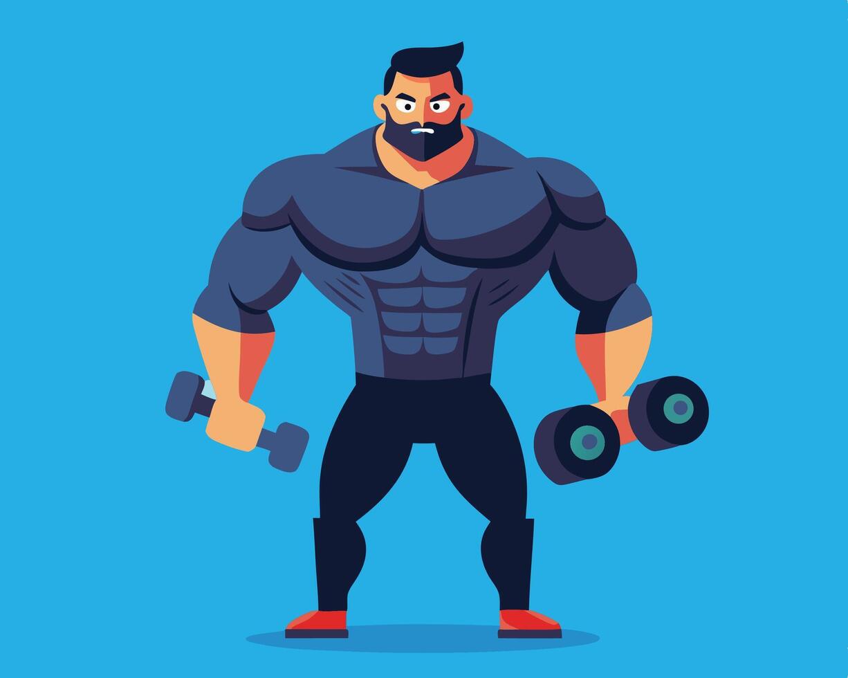 Strong bodybuilder lifting dumbbells flat illustration vector
