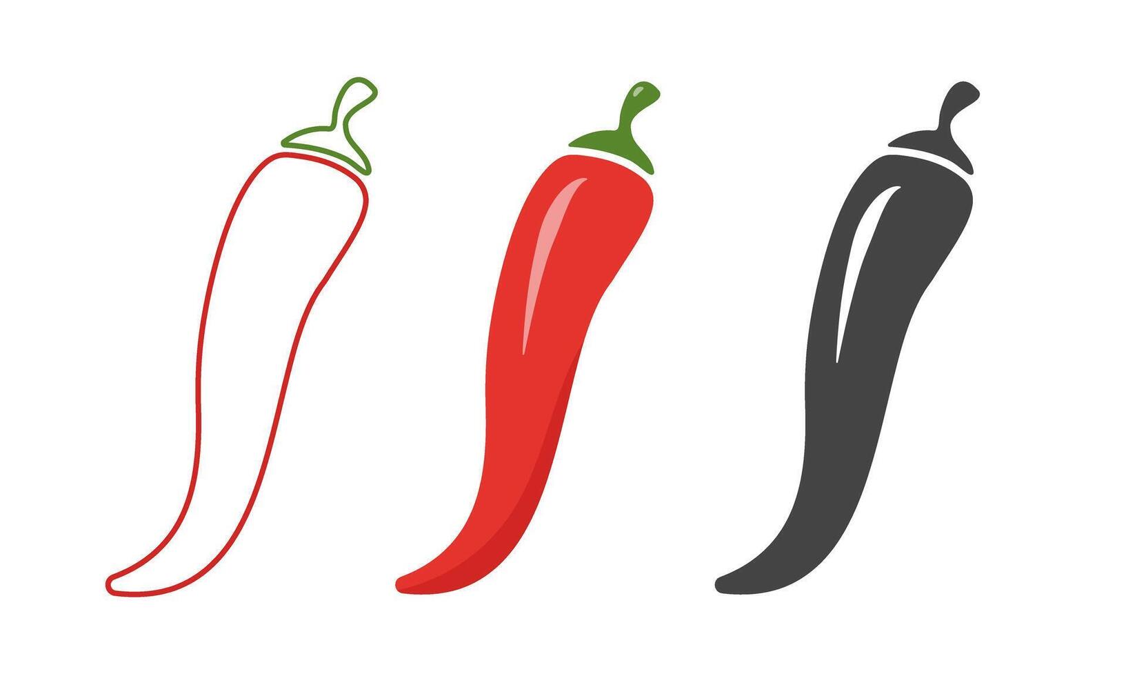 Set of chili pepper flat, outline and glyph style icon. Spicy hot pepper vegetable vector